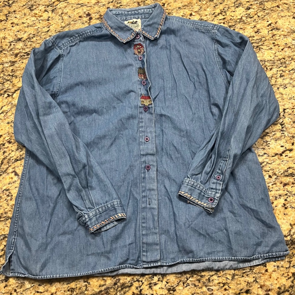 Northern Reflections Womens XL Denim Shirt Embroidered House Cottage Blue Cotton